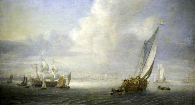 Seascape with a port in the background, Abraham van der Hecken